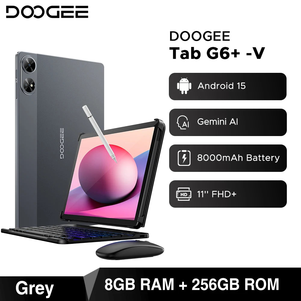 DOOGEE Tab G6+ Tablet Android 15 Gemini Al 11'' Display Dual Speakers 8000mAh Battery 8GB 256GB Support Widevine L1 Smart Pad
