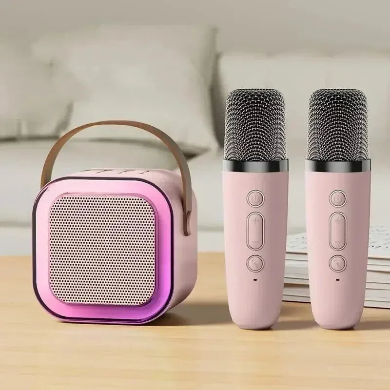 K12 Bluetooth speaker karaoke machine portable speaker system with 2 wireless microphones family family singing children's gif