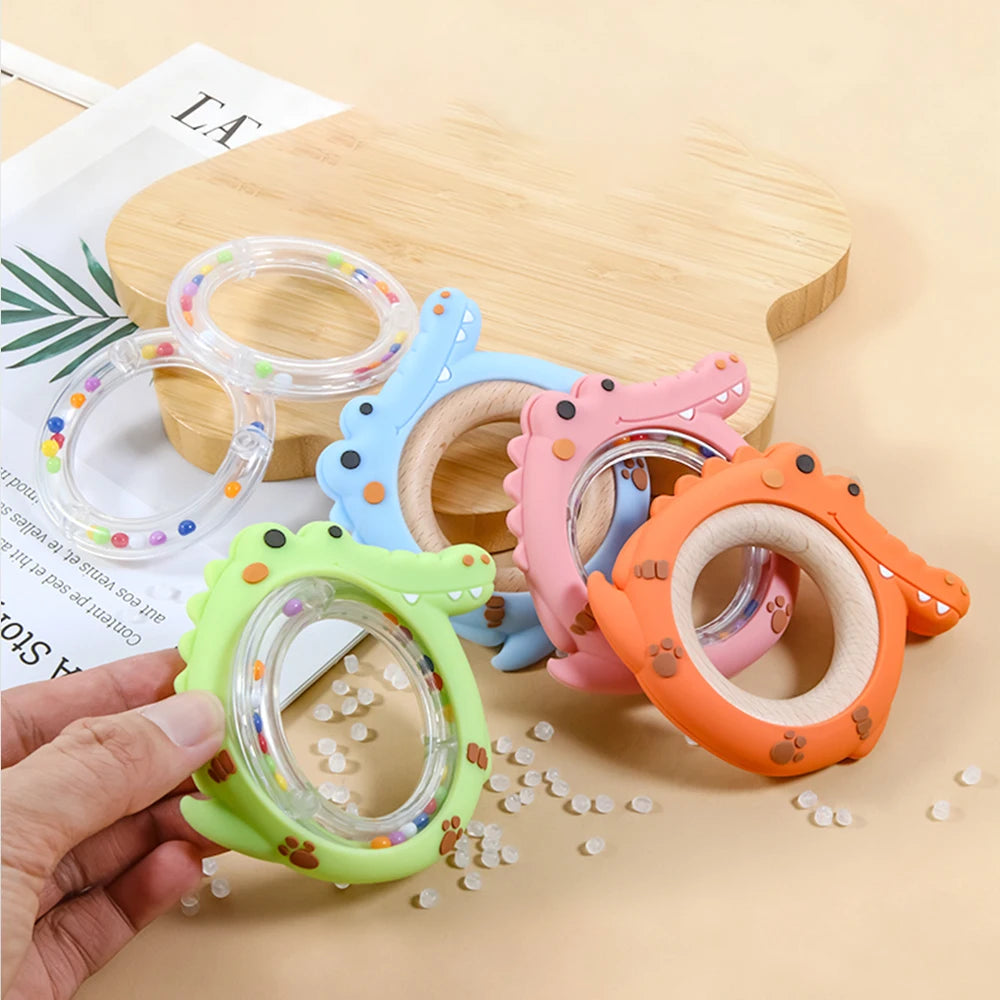 4 Pack Crocodile Baby Teething Rattle Toy BPA Free Silicone Teether Ring Infant Hand Shaker Bell Toy Newborn Chew Teething Toy for 0-12 Months