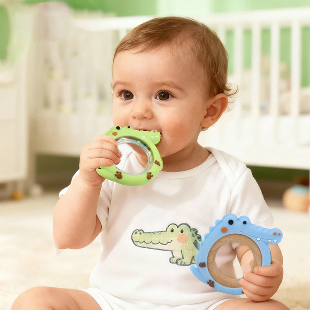 4 Pack Crocodile Baby Teething Rattle Toy BPA Free Silicone Teether Ring Infant Hand Shaker Bell Toy Newborn Chew Teething Toy for 0-12 Months