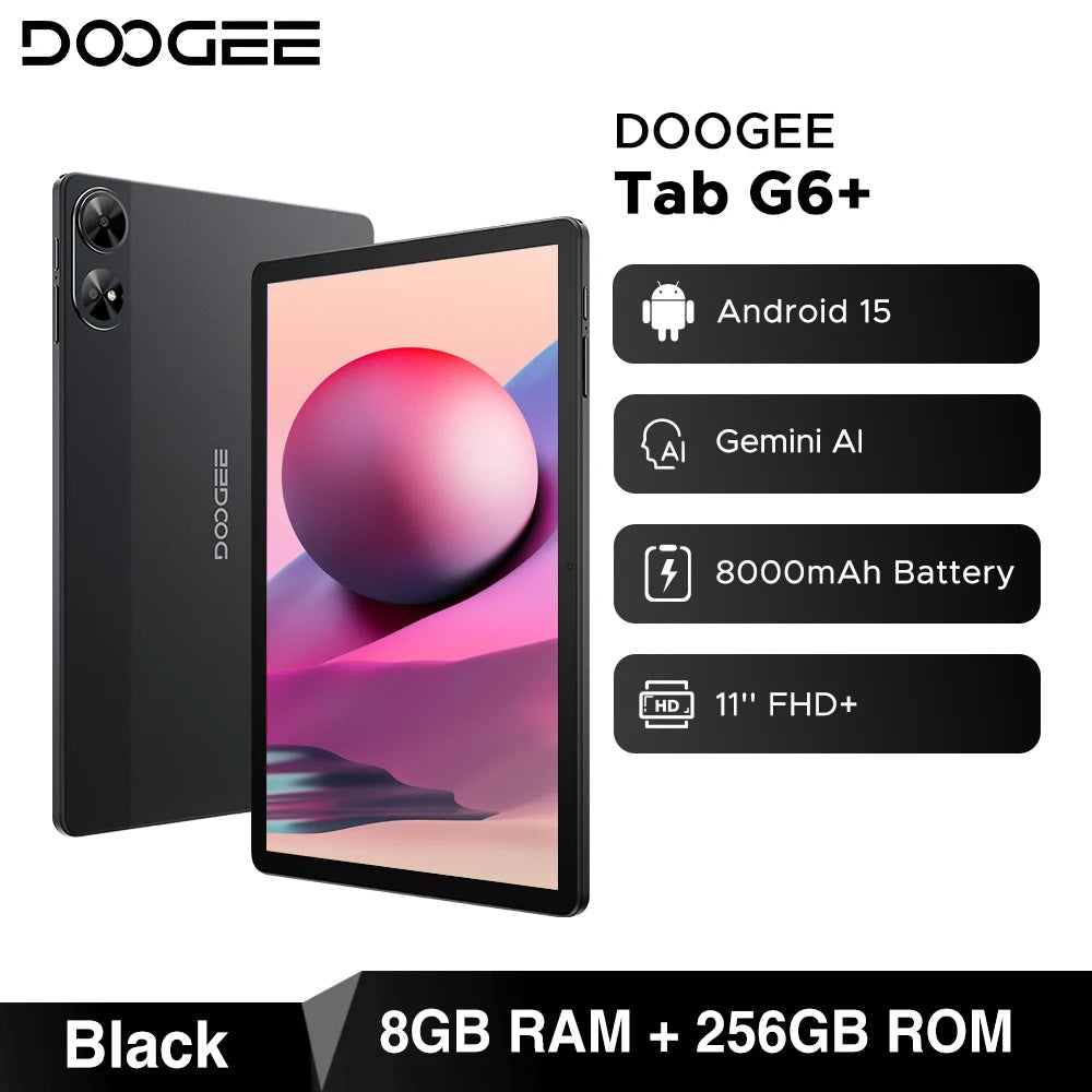 DOOGEE Tab G6+ Tablet Android 15 Gemini Al 11'' Display Dual Speakers 8000mAh Battery 8GB 256GB Support Widevine L1 Smart Pad