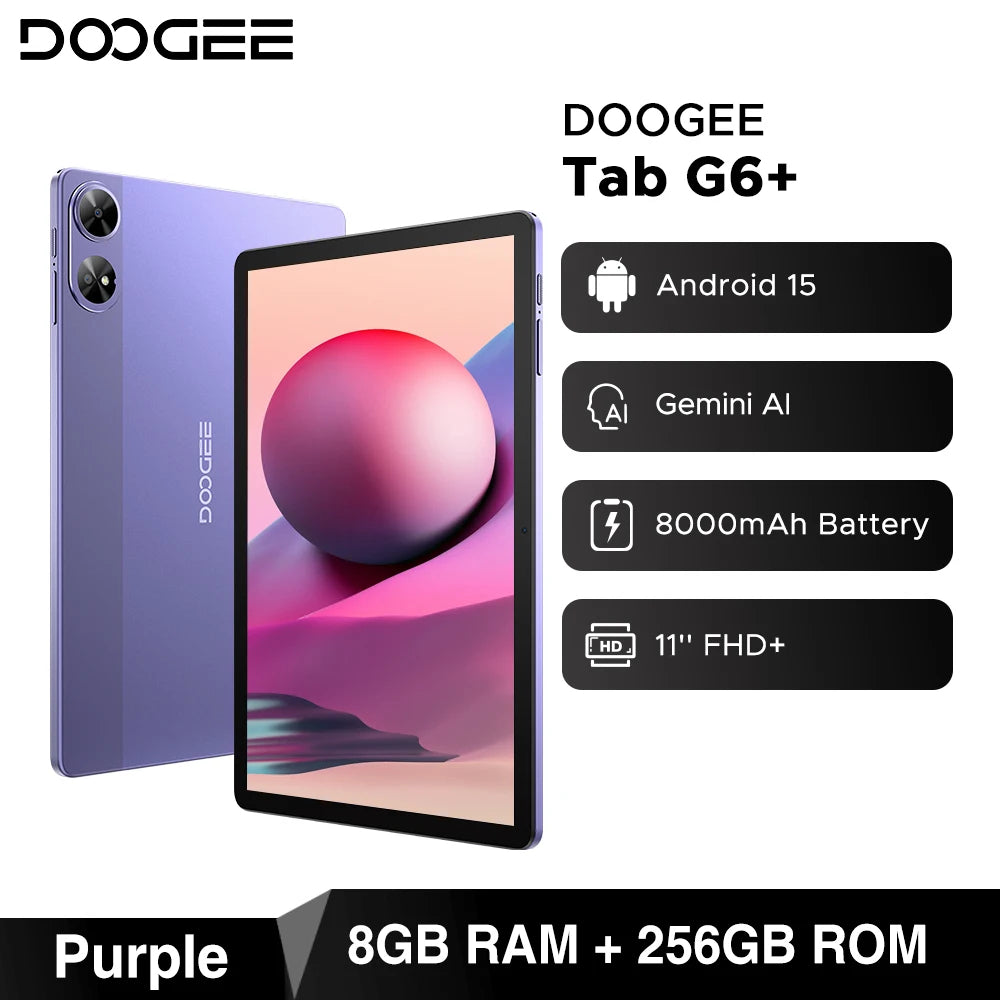 DOOGEE Tab G6+ Tablet Android 15 Gemini Al 11'' Display Dual Speakers 8000mAh Battery 8GB 256GB Support Widevine L1 Smart Pad