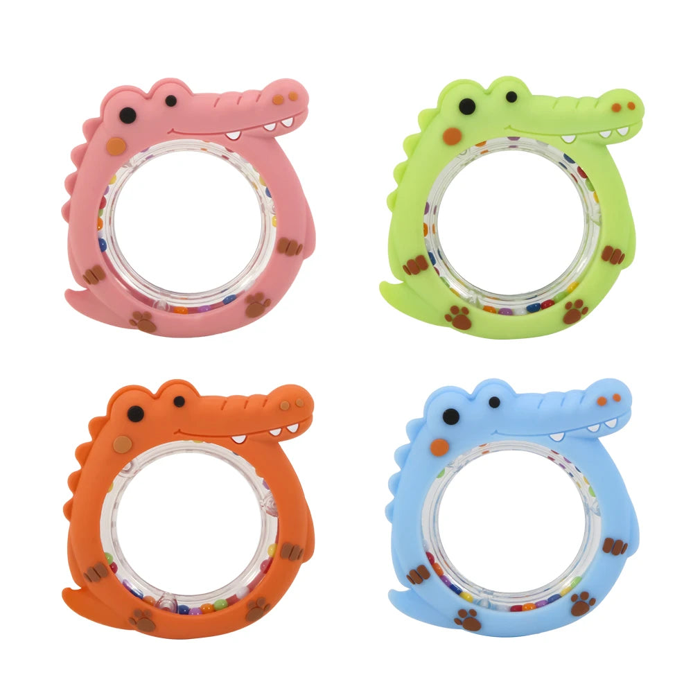 4 Pack Crocodile Baby Teething Rattle Toy BPA Free Silicone Teether Ring Infant Hand Shaker Bell Toy Newborn Chew Teething Toy for 0-12 Months