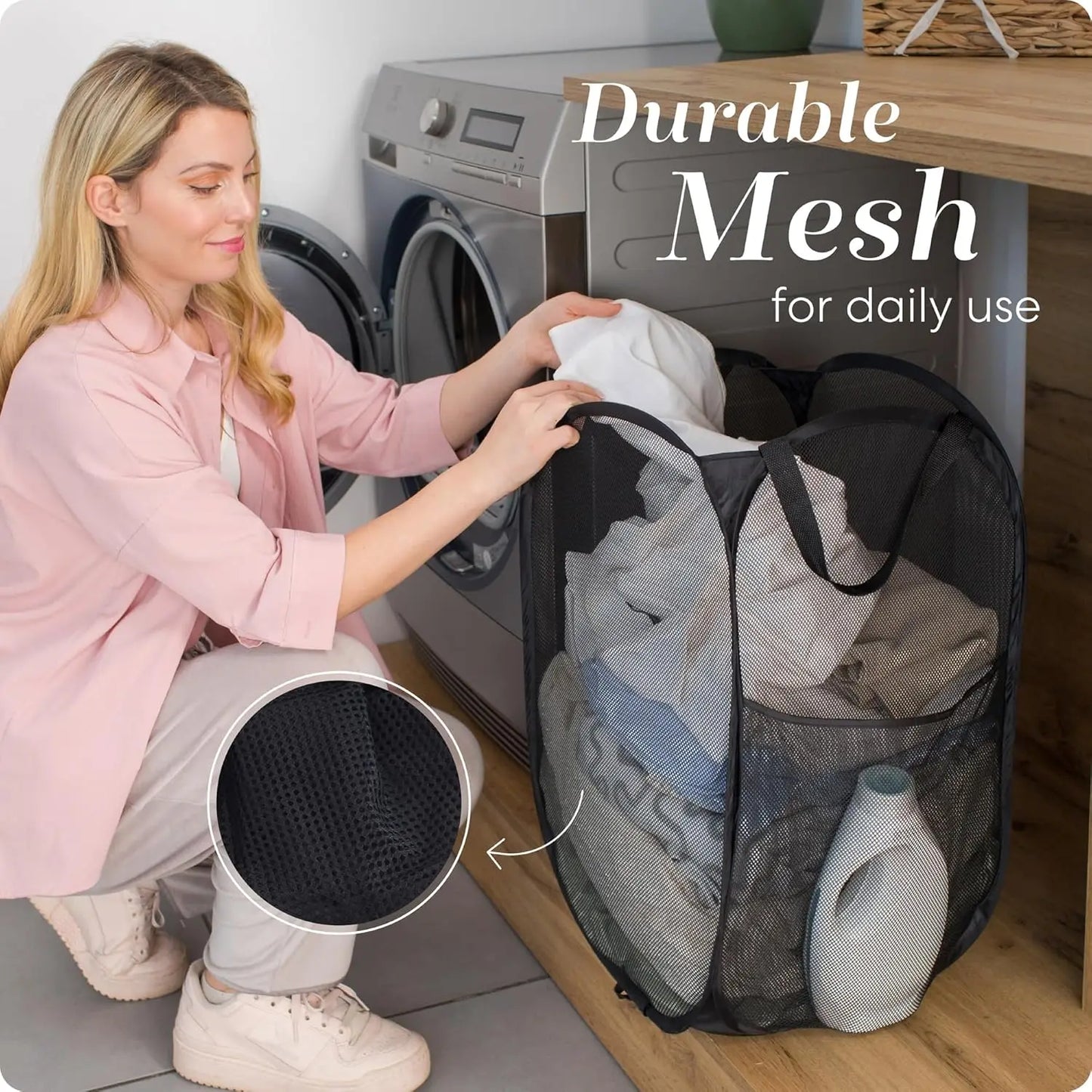 Handy Laundry Collapsible Mesh Pop Up Laundry Hamper 2-Pack – Large Foldable Laundry Basket with Side Pocket, Breathable & Durable, Space-Saving for Clothes, Toys, Travel, Dorm, Bedroom, Blue