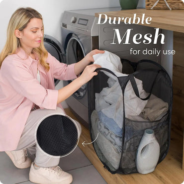 Handy Laundry Collapsible Mesh Pop Up Laundry Hamper 2-Pack – Large Foldable Laundry Basket with Side Pocket, Breathable & Durable, Space-Saving for Clothes, Toys, Travel, Dorm, Bedroom, Blue