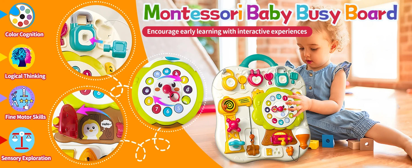 Montessori Busy Board Sensory Toys for Toddlers 1-3 Activity Music & LED Light Up Montessori Toys for 2+ Year OldTravel Toys for 2 Year Old Boys Girls