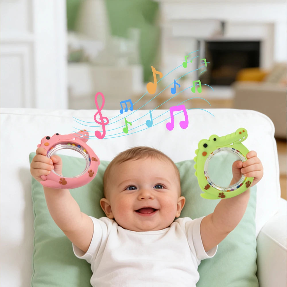 4 Pack Crocodile Baby Teething Rattle Toy BPA Free Silicone Teether Ring Infant Hand Shaker Bell Toy Newborn Chew Teething Toy for 0-12 Months