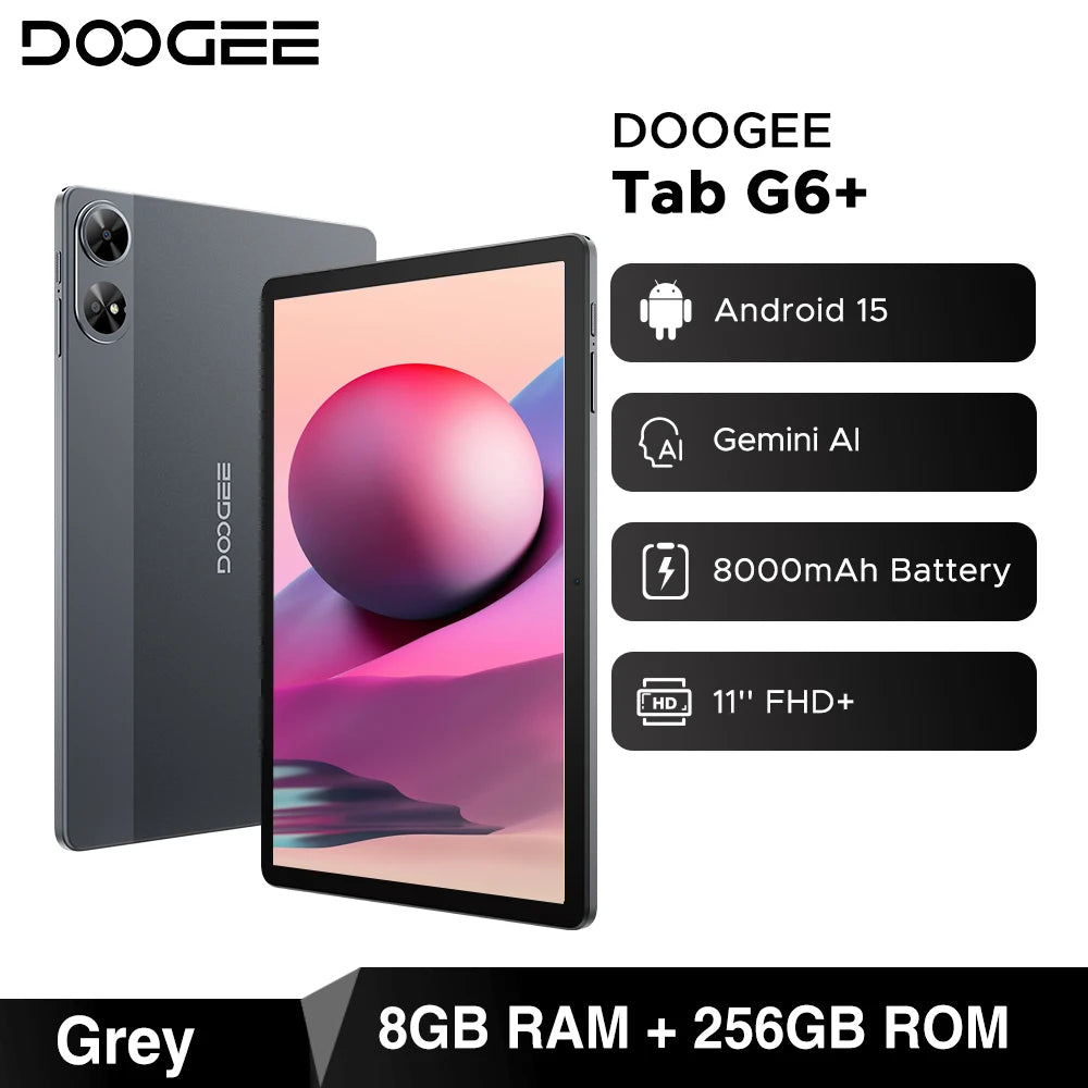 DOOGEE Tab G6+ Tablet Android 15 Gemini Al 11'' Display Dual Speakers 8000mAh Battery 8GB 256GB Support Widevine L1 Smart Pad