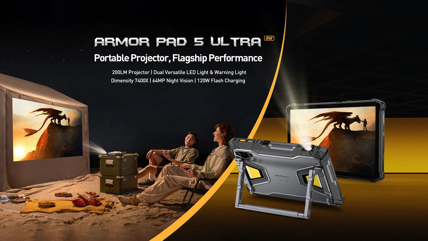 【Ships from US】Ulefone  Rugged Tablet Armor Pad 5 Ultra 5G, Portable Projector 200LM ,24200 mAh ,120W Up to 12GB +512GB ,Andro