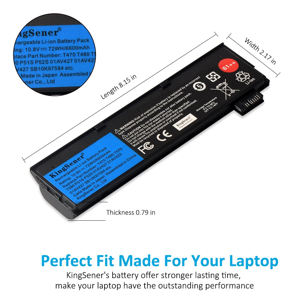 KingSener 10.8V 6600mAh Laptop Battery for Lenovo ThinkPad T470 T480 T570 T580 P51S P52S 01AV427 01AV428 01AV423 SB10K97580 61++