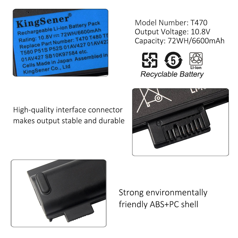 KingSener 10.8V 6600mAh Laptop Battery for Lenovo ThinkPad T470 T480 T570 T580 P51S P52S 01AV427 01AV428 01AV423 SB10K97580 61++