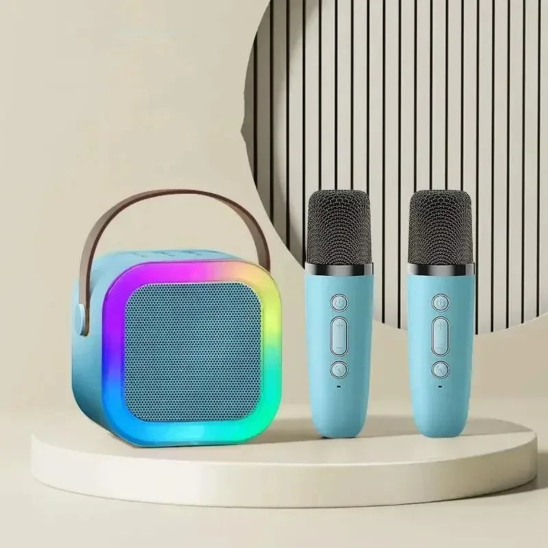 K12 Bluetooth speaker karaoke machine portable speaker system with 2 wireless microphones family family singing children's gif