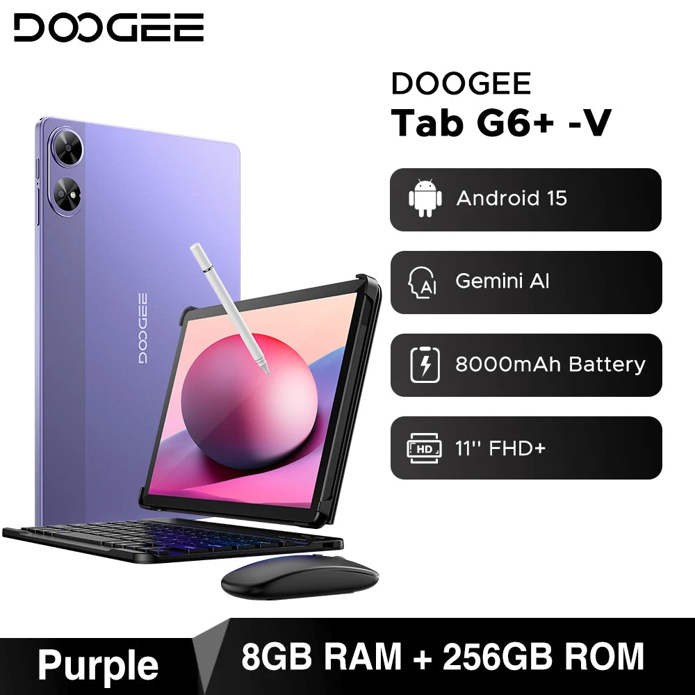 DOOGEE Tab G6+ Tablet Android 15 Gemini Al 11'' Display Dual Speakers 8000mAh Battery 8GB 256GB Support Widevine L1 Smart Pad