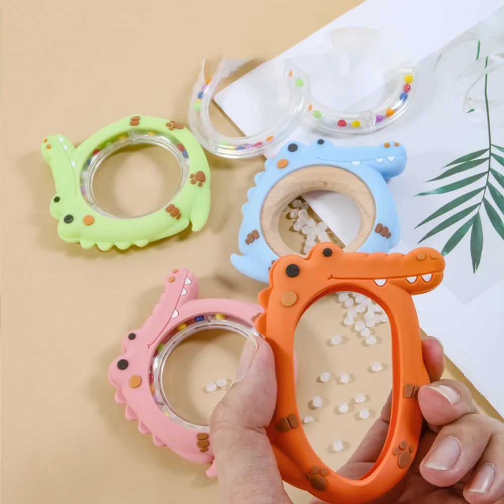 4 Pack Crocodile Baby Teething Rattle Toy BPA Free Silicone Teether Ring Infant Hand Shaker Bell Toy Newborn Chew Teething Toy for 0-12 Months