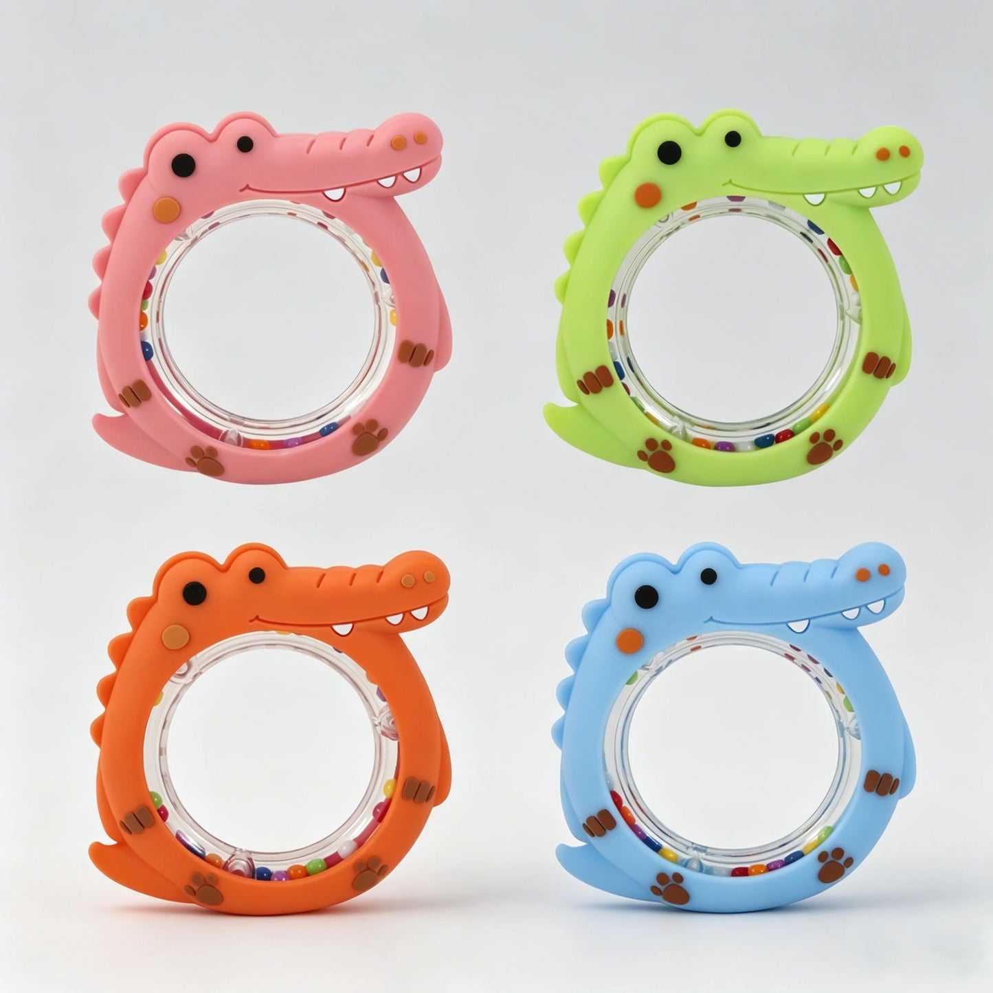 4 Pack Crocodile Baby Teething Rattle Toy BPA Free Silicone Teether Ring Infant Hand Shaker Bell Toy Newborn Chew Teething Toy for 0-12 Months