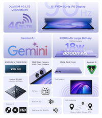 DOOGEE Tab G6+ Tablet Android 15 Gemini Al 11'' Display Dual Speakers 8000mAh Battery 8GB 256GB Support Widevine L1 Smart Pad