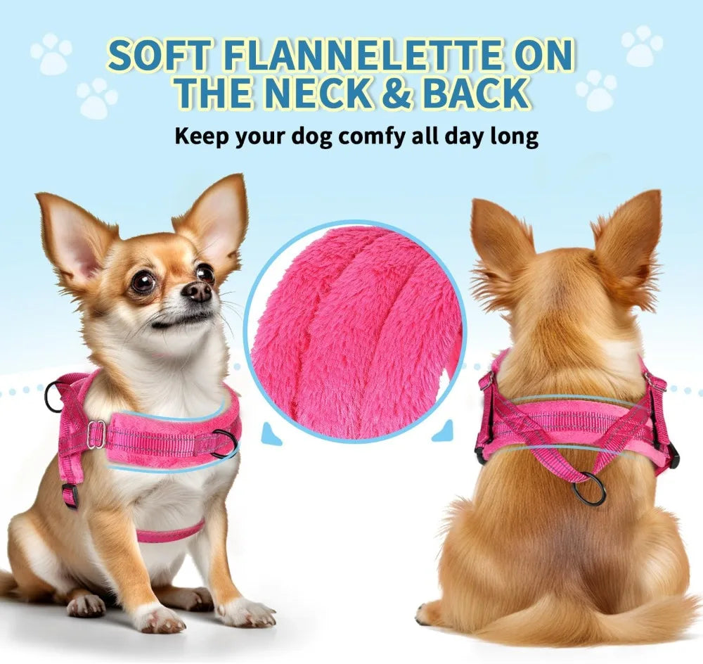 No Pull Small Dog Harness and Leash Set, Soft Vest Harness Neck & Chest Adjustable, Reflective Lightweight Harness & Anti-Twist Pet Lead Combo for Small Medium Dogs (Fuchsia, XXS)