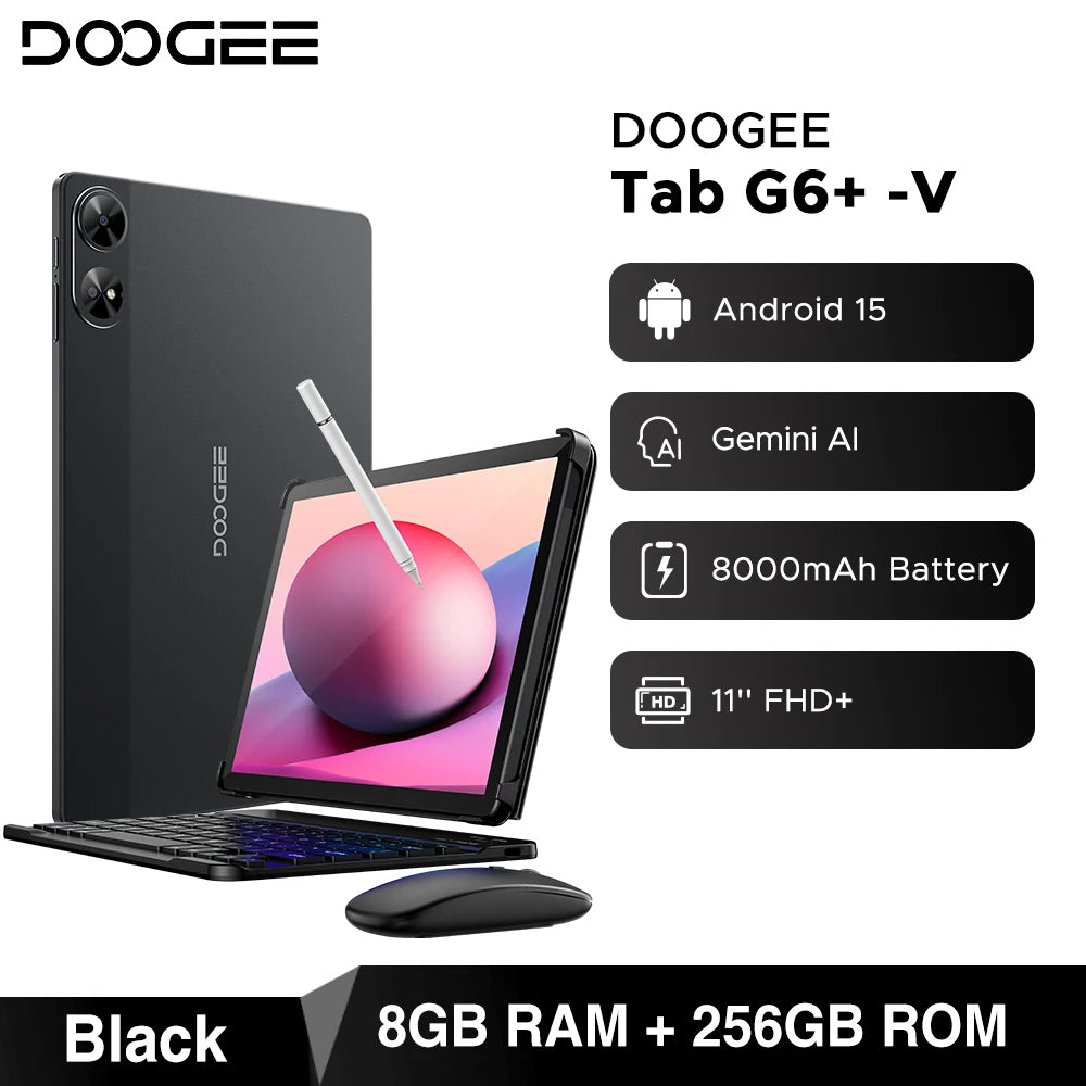 DOOGEE Tab G6+ Tablet Android 15 Gemini Al 11'' Display Dual Speakers 8000mAh Battery 8GB 256GB Support Widevine L1 Smart Pad